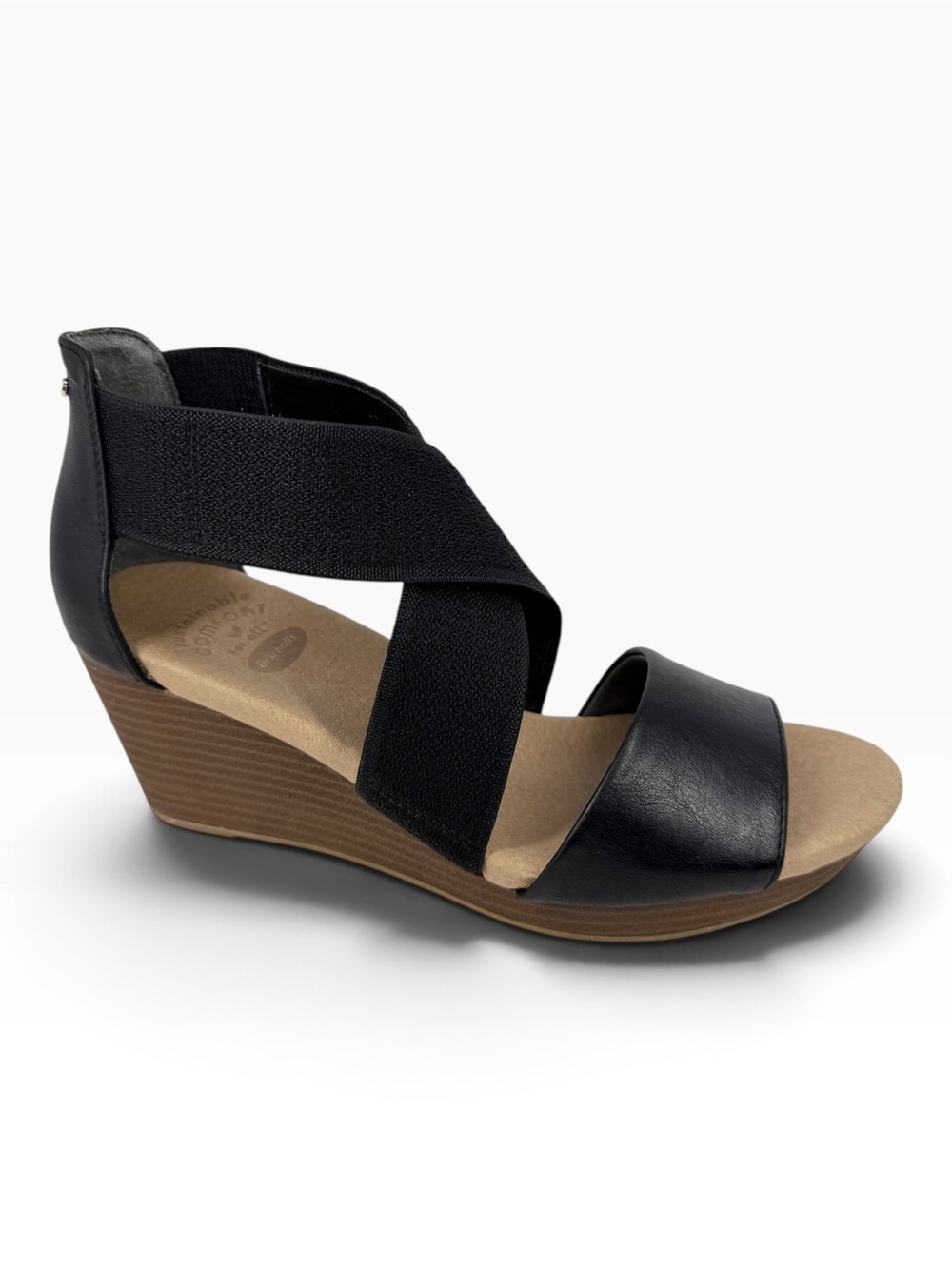 Dr. Scholls Barton-Band Wedge Sandals Black Faux Leather/Fabric Size 6M